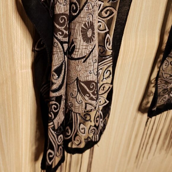 Unbranded Womens Black Tan Semi Sheer Fringe Scarf OS - Picture 2 of 2
